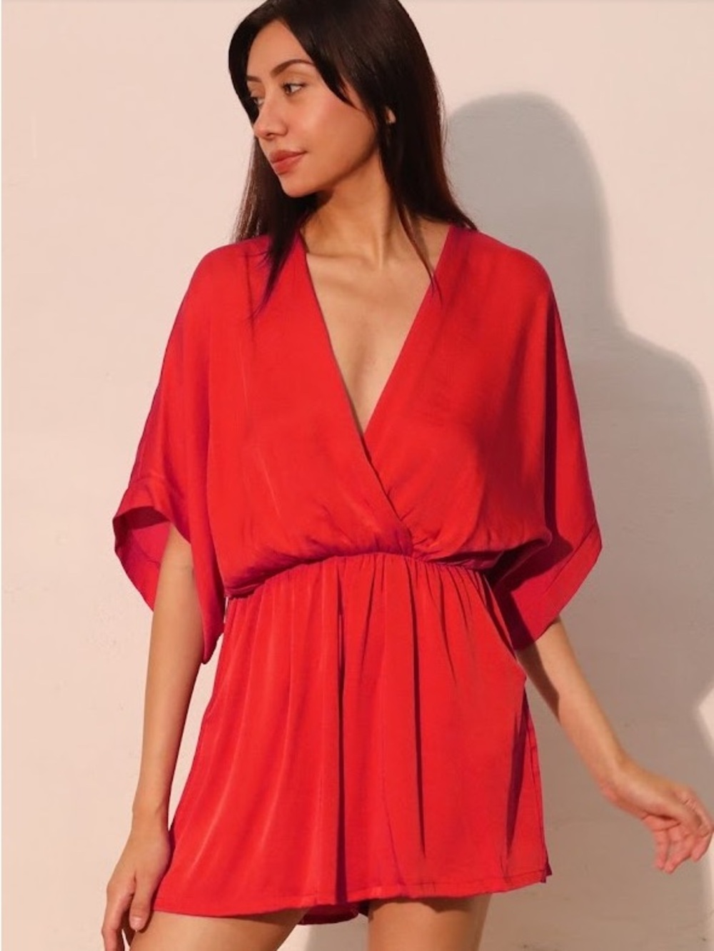 Red V-Neck Kimono Sleeve Dress